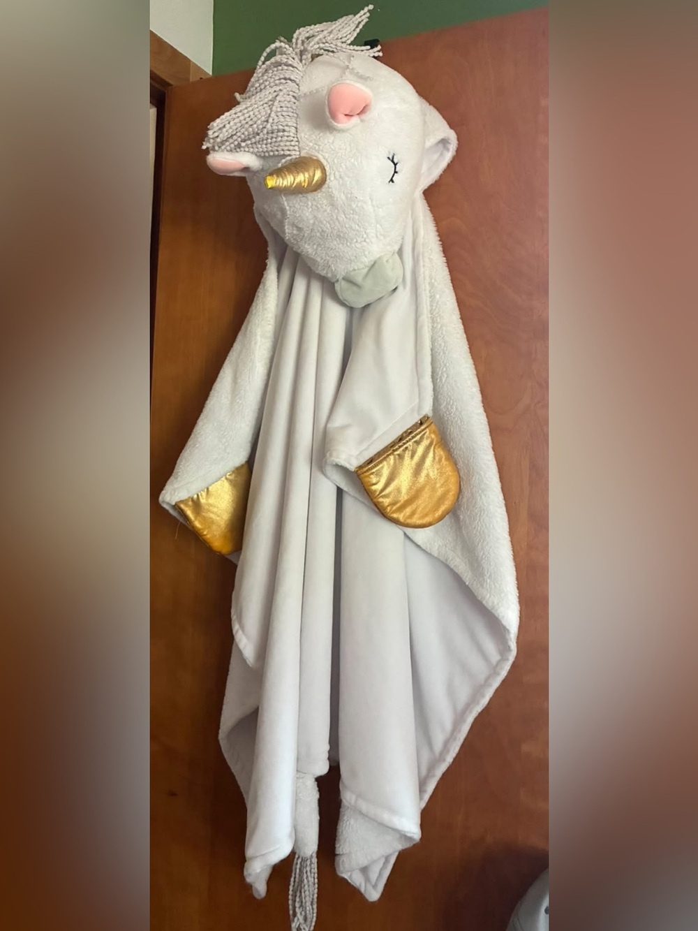 Target brand Kids Unicorn Hooded Blanket with Gold hand covers